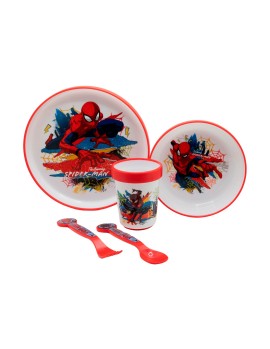 Stor: Marvel Spiderman - 5 Pcs Non Slip Bicolor Premium Set (Plate Bowl Tumbler 260 Ml &amp; Cutlery) (83581)