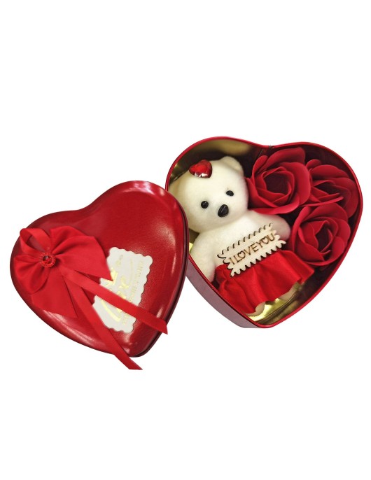 Κουτί Καρδιά Μεσαία 3 Τριαντάφυλλα & Αρκούδο 12x11x5cm Homie 423070