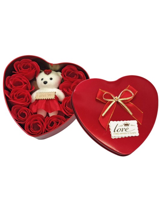 Κουτί Καρδιά Μεγάλη 10 Τριαντάφυλλα & Αρκούδο 16x15x5cm Homie 423071