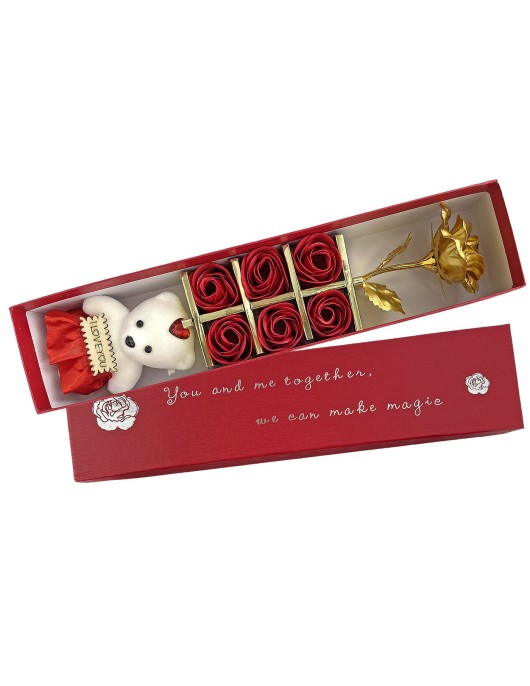 Κουτί Μακρόστενο με Αρκούδο, Τριαντάφυλλα Κόκκινα & Χρυσό 33x7x5cm Homie 423075