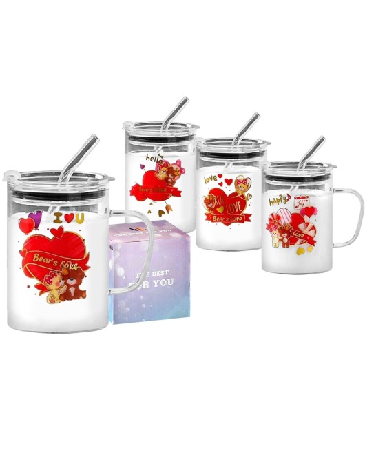 Σετ Κούπα Γυάλινη, Καλαμάκι, Καπάκι Βαλεντίνου 400 ml 400ml Homie 423101