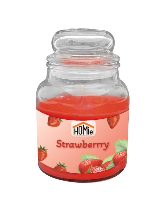 Κερί Φράουλα σε Βάζο με Καπάκι Μεγάλο 50h, 311gr Net, 14,5x11cm Homie 57471