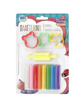 Πλαστελίνη με 3 Καλούπια &amp; Πλάστη σετ=8 Χρώματα 100gr net JustNote 703439