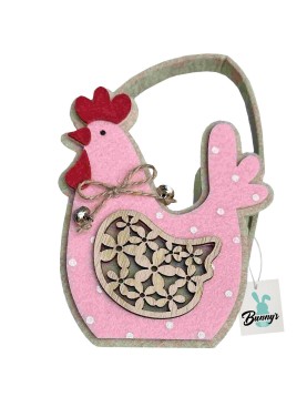 Καλάθι Τσόχινο με ροζ Ξύλινη Κότα με Καμπανάκι 19x11x7cm Bunny's 932196