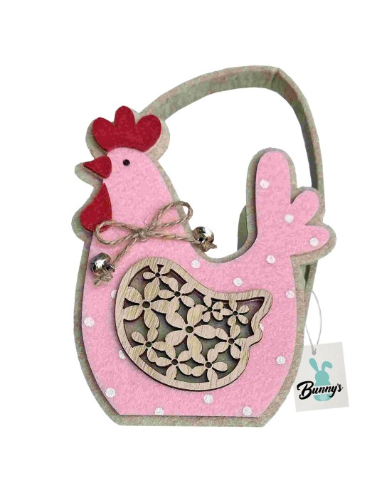 Καλάθι Τσόχινο με ροζ Ξύλινη Κότα με Καμπανάκι 19x11x7cm Bunny's 932196