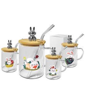 Κούπα με Καλαμάκι Γυάλινη Κλείνει με Ξύλο Happy Rabbit 10x8cm 400ml Bunny's 932239