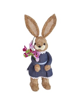 Λαγουδίνα Όρθια Ψάθινη με Μπλε Φόρεμα Κρατάει Λουλούδια 50x15x14cm Bunny's 932300