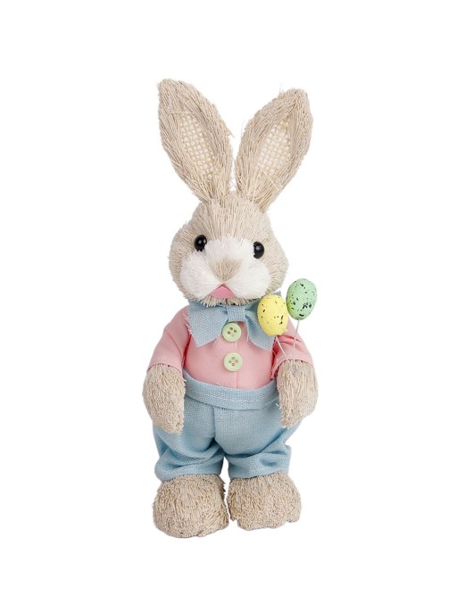 Λαγός Όρθιος Ψάθινος ροζ Πουκάμισο & Παπιγιόν Κρατάει Αυγά 23x8x8cm Bunny's 932301