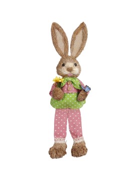 Λαγός Καθιστός Ψάθινος ροζ Πουά Παντελόνι Κρατάει Λουλούδια 44x13x11cm Bunny's 932304