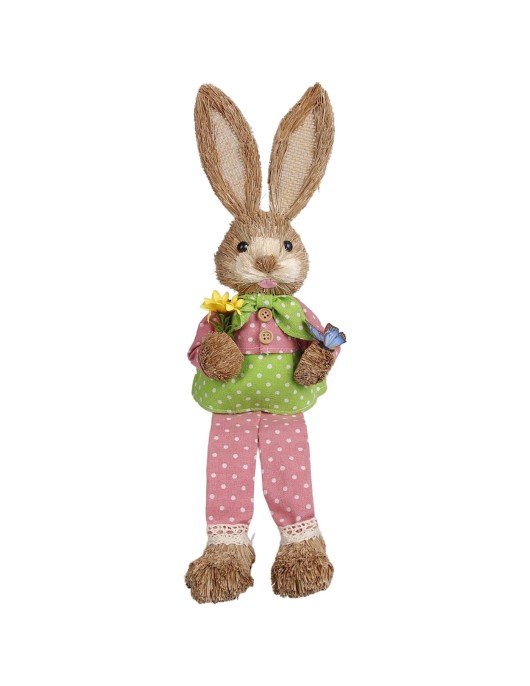 Λαγός Καθιστός Ψάθινος ροζ Πουά Παντελόνι Κρατάει Λουλούδια 44x13x11cm Bunny's 932304