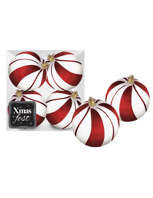 Μπάλες Λευκές με Κόκκινες Ρίγες πακ=4τεμ φ10 ø10cm Xmasfest 1133597