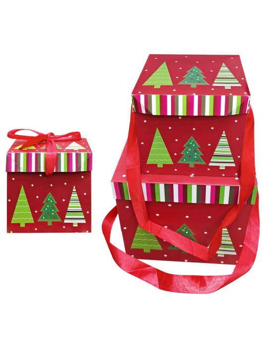 Κουτιά Χάρτινα Xmas με Δέντρα σετ=3 τεμ 10x10x10cm 15x15x15cm 20x20x20cm Xmasfest 1133754