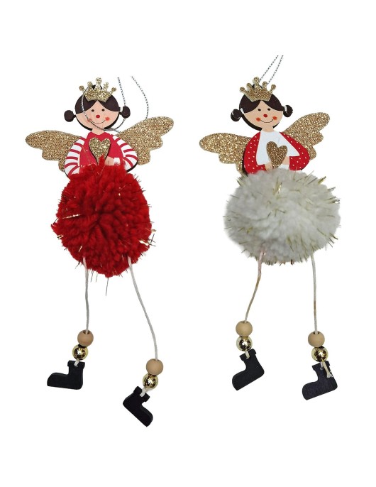 Στολίδι Ξύλινο Αγγελάκι με Φουντωτή Μπάλα 20x9cm Xmasfest 1134031